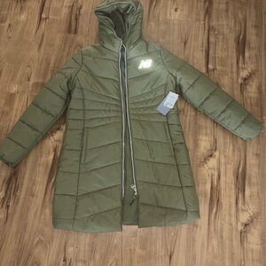 New Balance Women's Olive Green Hooded Long Puffer Coat